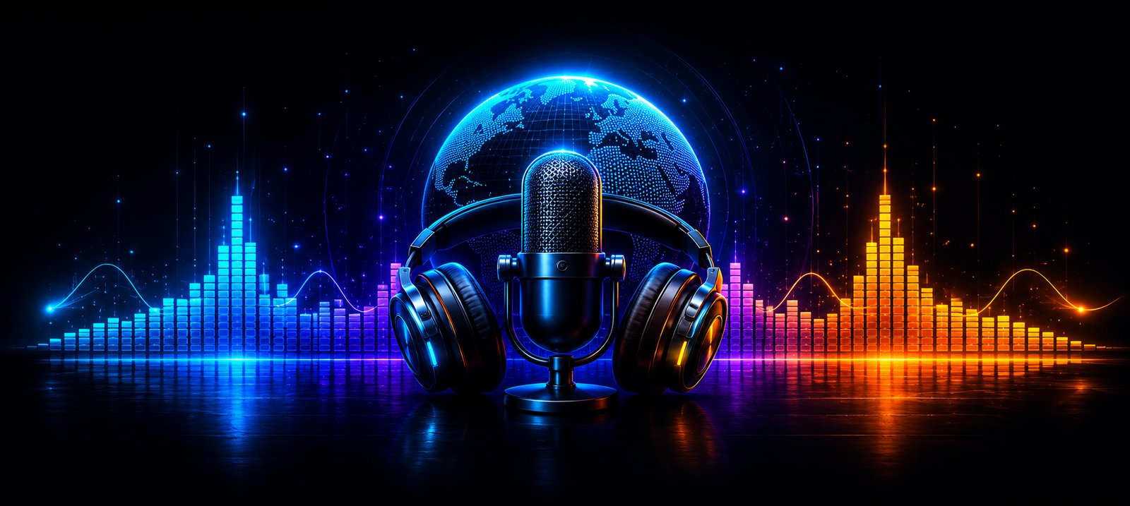 World Radio — microphone, headphones and a glowing audio spectrum around the globe