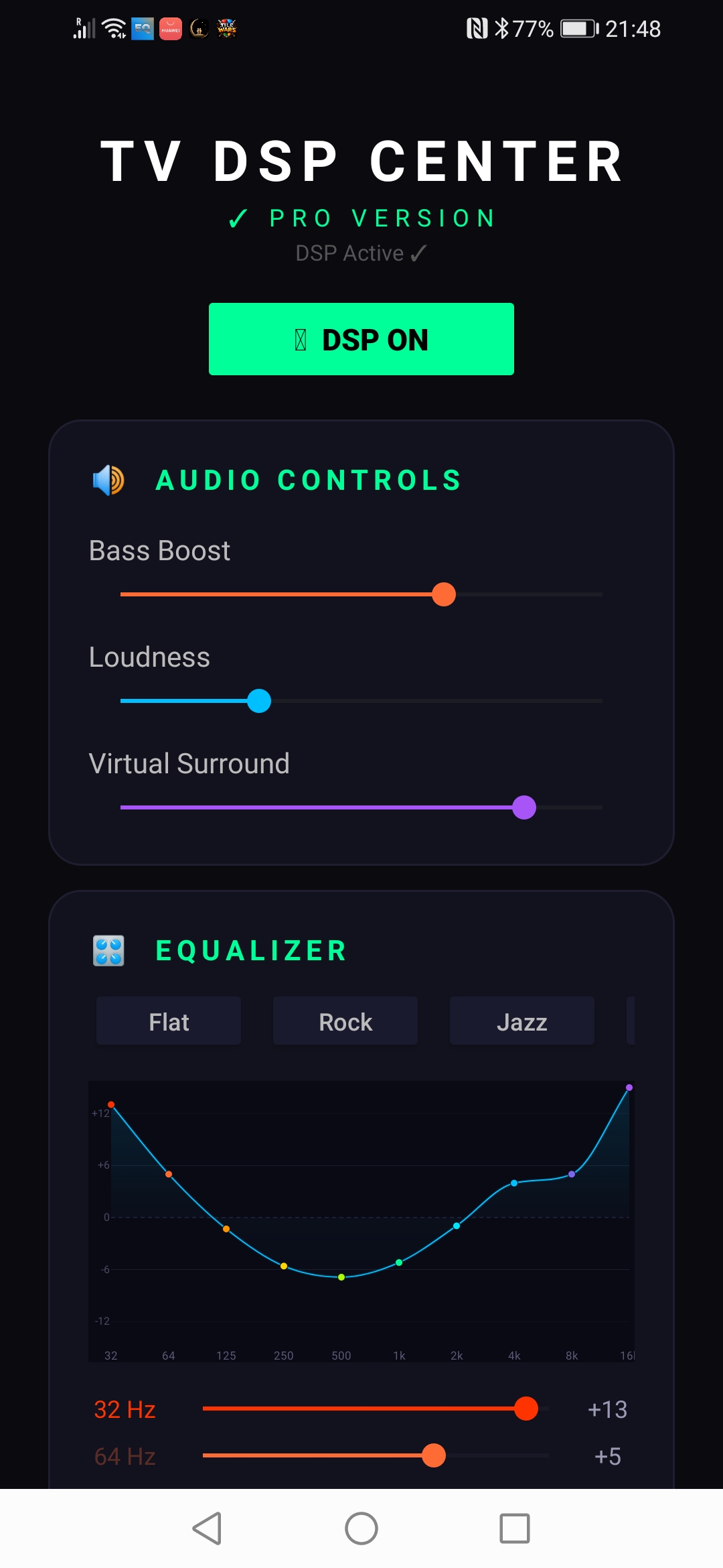 TV DSP Center main screen with the DSP ON master switch, Bass Boost, Loudness and Virtual Surround sliders, and the 10-band equalizer with a live response curve
