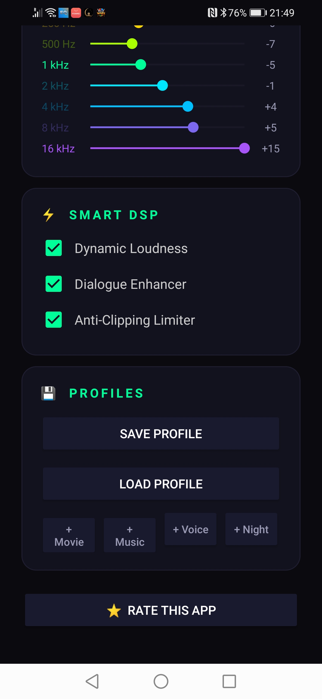 TV DSP Center lower screen showing the remaining equalizer bands, Smart DSP toggles for Dynamic Loudness, Dialogue Enhancer and Anti-Clipping Limiter, and the Profiles section with Save, Load and Movie/Music/Voice/Night slots
