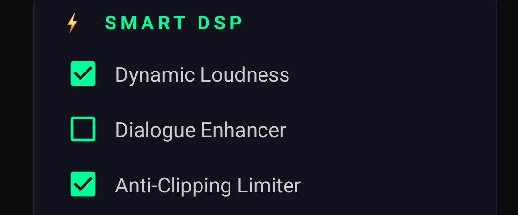 TV DSP Center Smart DSP section with checkboxes for Dynamic Loudness, Dialogue Enhancer and Anti-Clipping Limiter