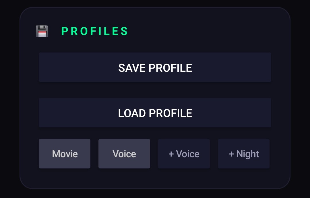 TV DSP Center Profiles section with Save Profile, Load Profile, and Movie, Music, Voice and Night preset slots