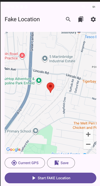 Fake Location main screen: a map with a dropped pin, Current GPS and Save buttons and a Start FAKE Location button