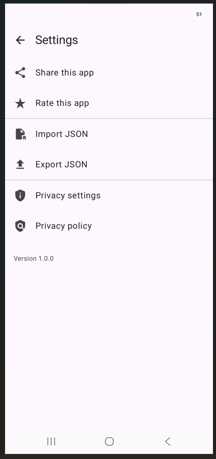 Fake Location settings screen with Share this app, Rate this app, Import JSON, Export JSON, Privacy settings and Privacy policy