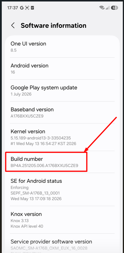 Android Software information screen with the Build number entry highlighted