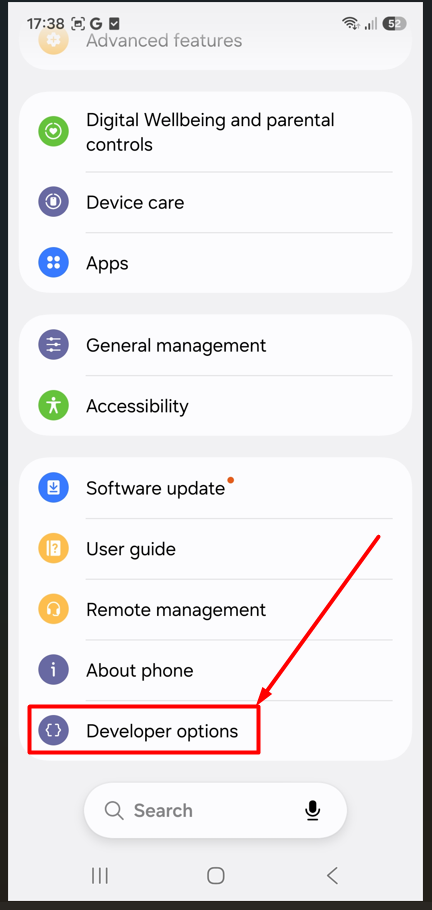 Android Settings list with the new Developer options entry at the bottom