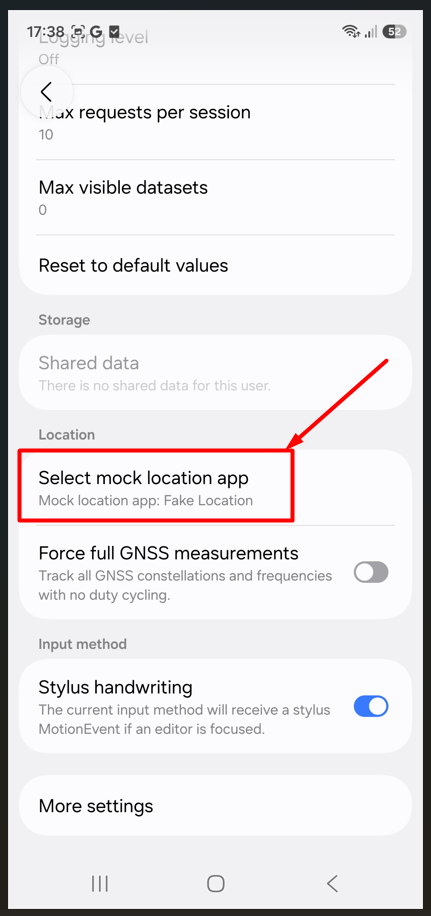 Developer options with Select mock location app set to Fake Location