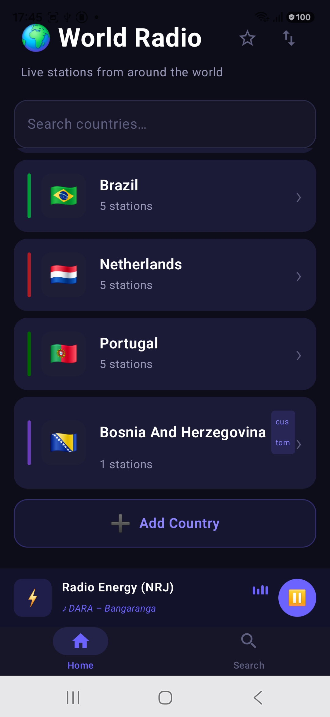 Browse by Country list with flags, station counts and an Add Country button