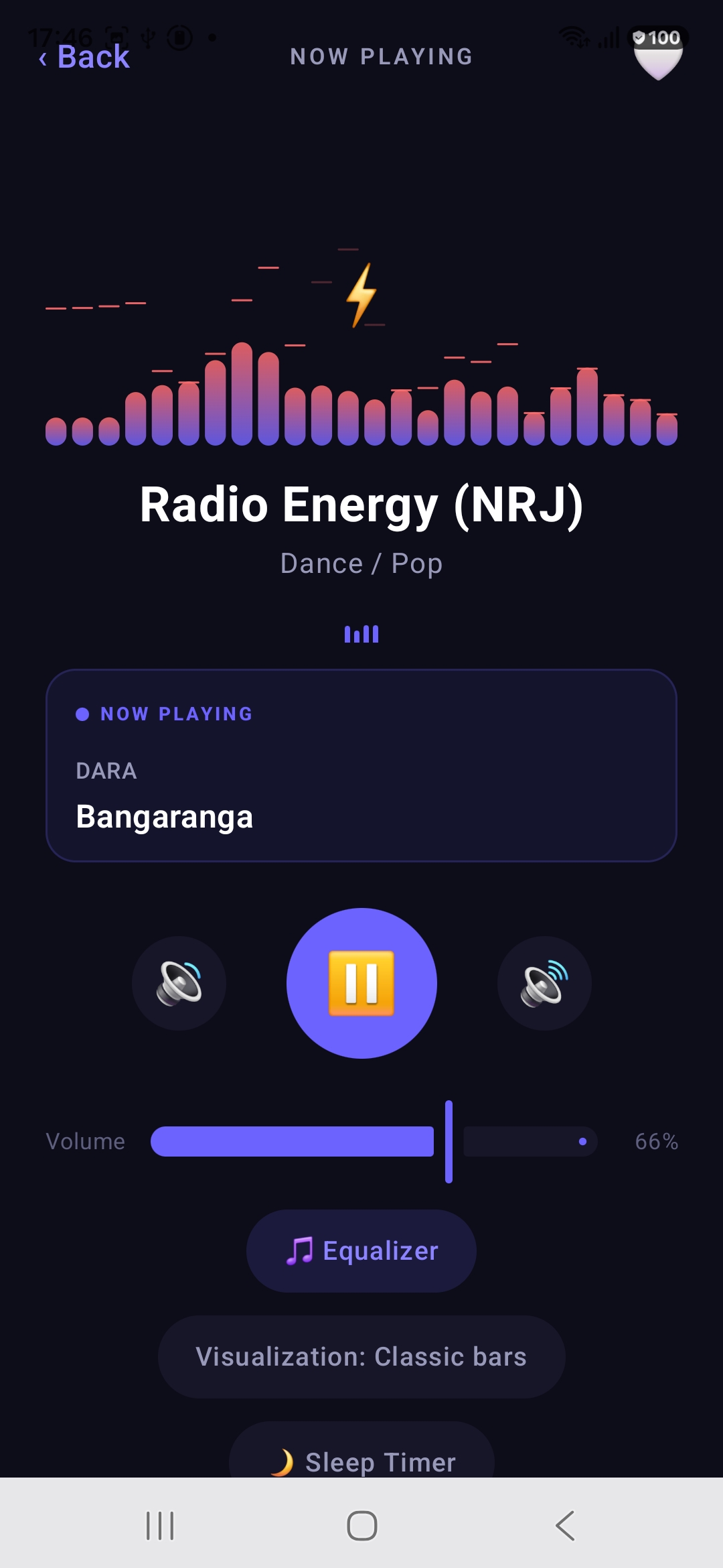 Now Playing screen with animated visualizer, live song metadata, volume slider and quick access to Equalizer and Sleep Timer