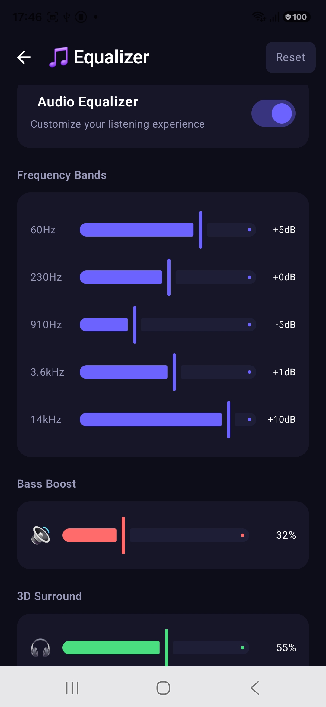 Audio equalizer with five frequency bands, bass boost and 3D surround controls