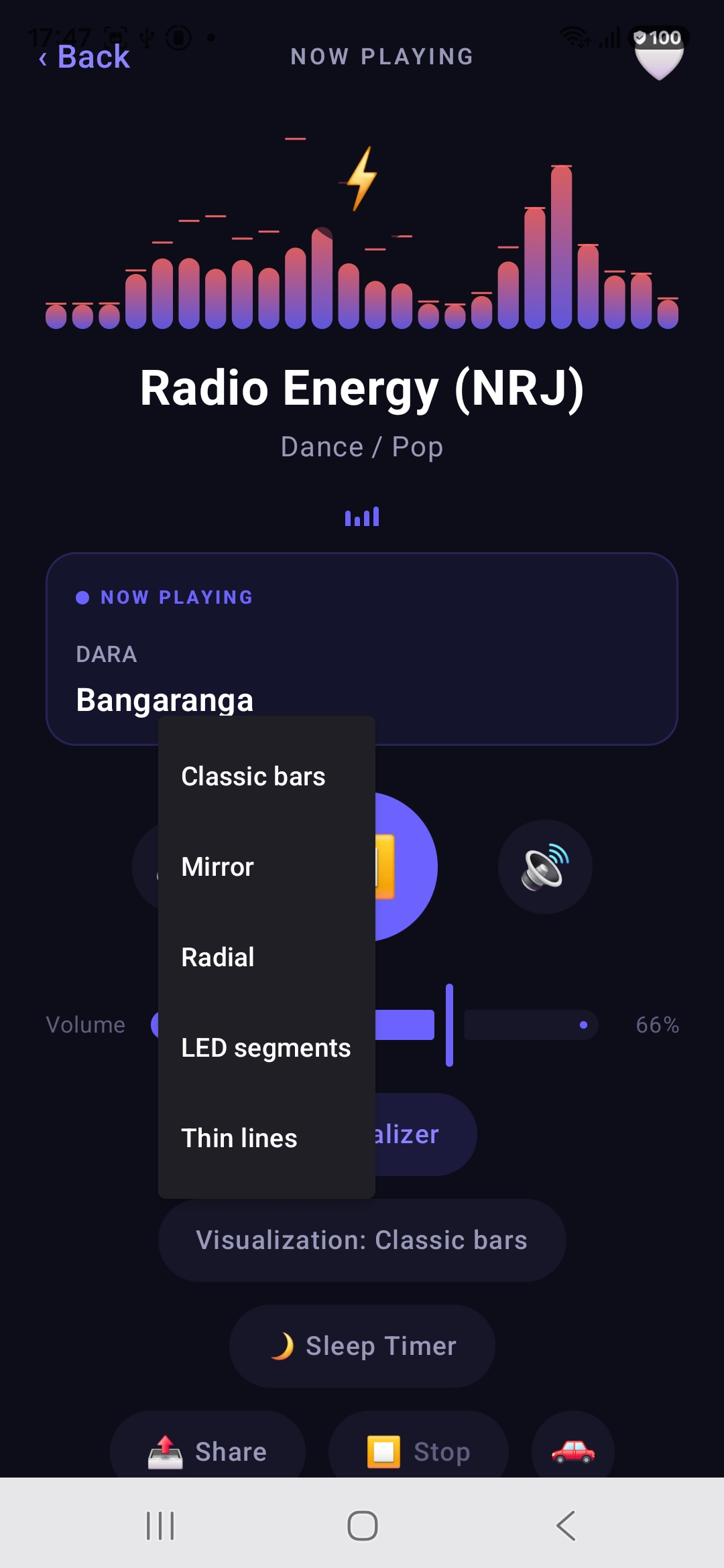 Visualization style picker with Classic bars, Mirror, Radial, LED segments and Thin lines