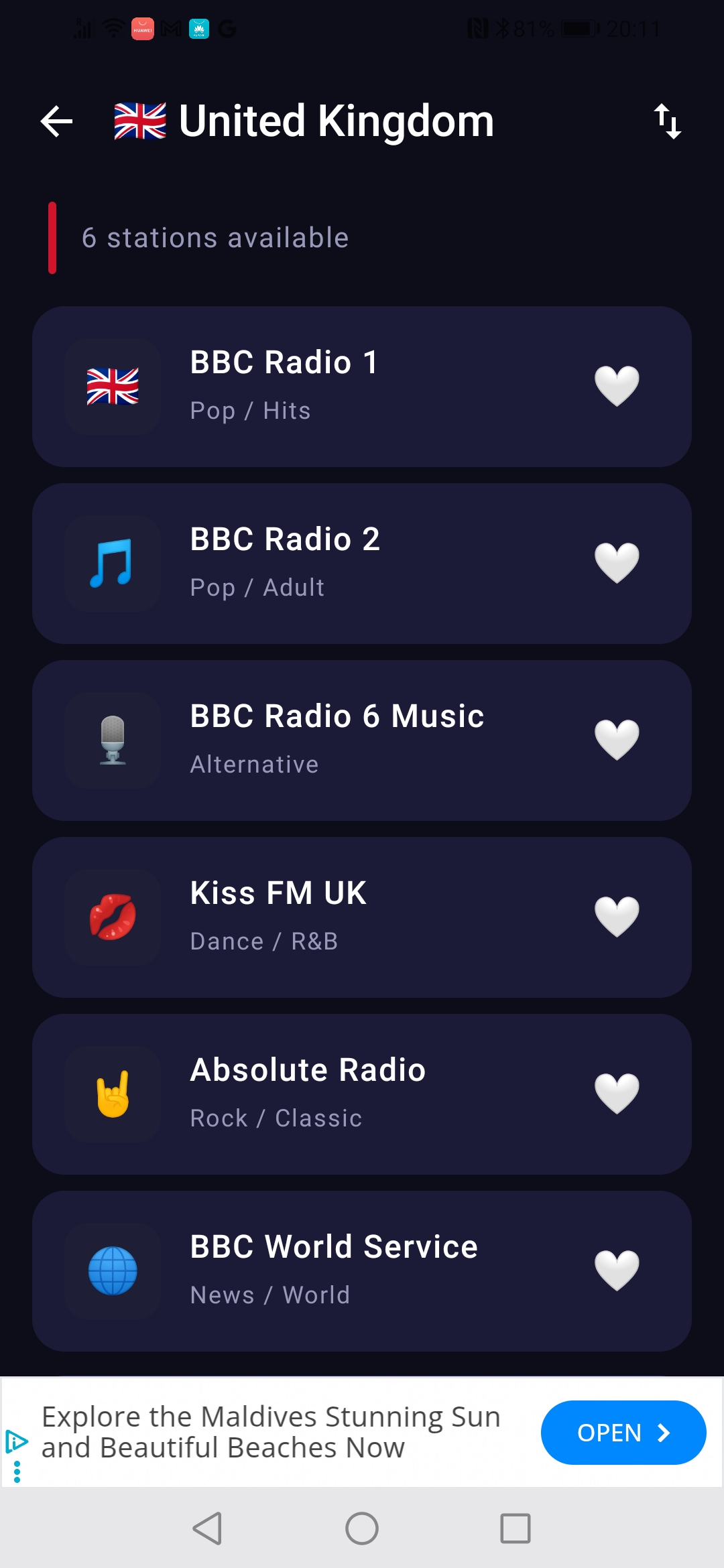 Station list for United Kingdom with BBC Radio 1, BBC Radio 2, BBC Radio 6 Music, Kiss FM UK, Absolute Radio and BBC World Service, each with a genre and a favorite heart
