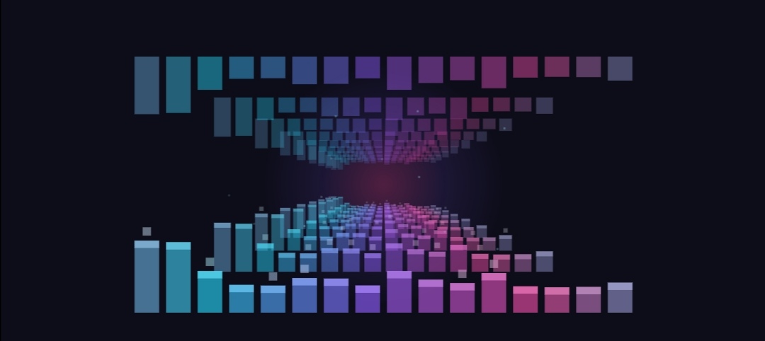 3D Blockwave visualizer: a tunnel of coloured blocks receding towards a glowing vanishing point