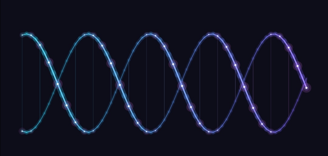 DNA helix visualizer: two glowing strands in cyan and violet twisting around each other with light points along them