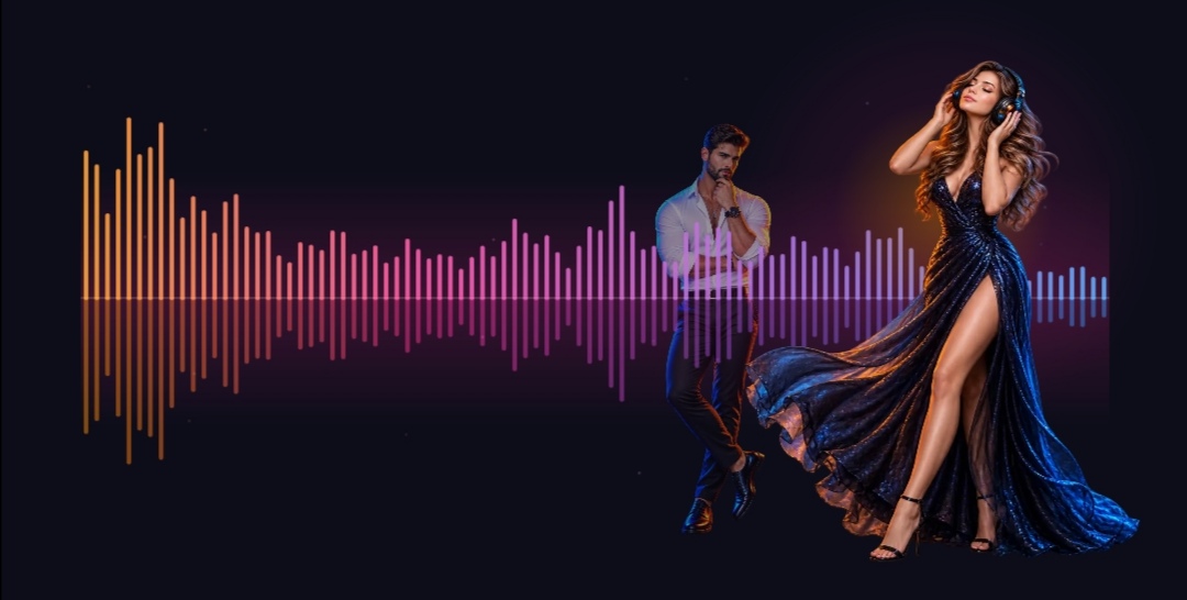 Headphones visualizer: the sound wave with two listeners lit by it, one in front of the bars and one behind