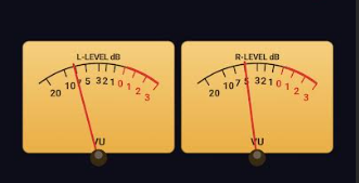 VU meters visualizer: two analogue needle meters showing left and right channel level in decibels