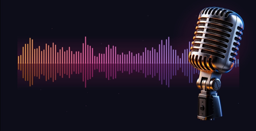 Sound wave visualizer: a dense waveform mirrored around a centre line with a vintage microphone at the right