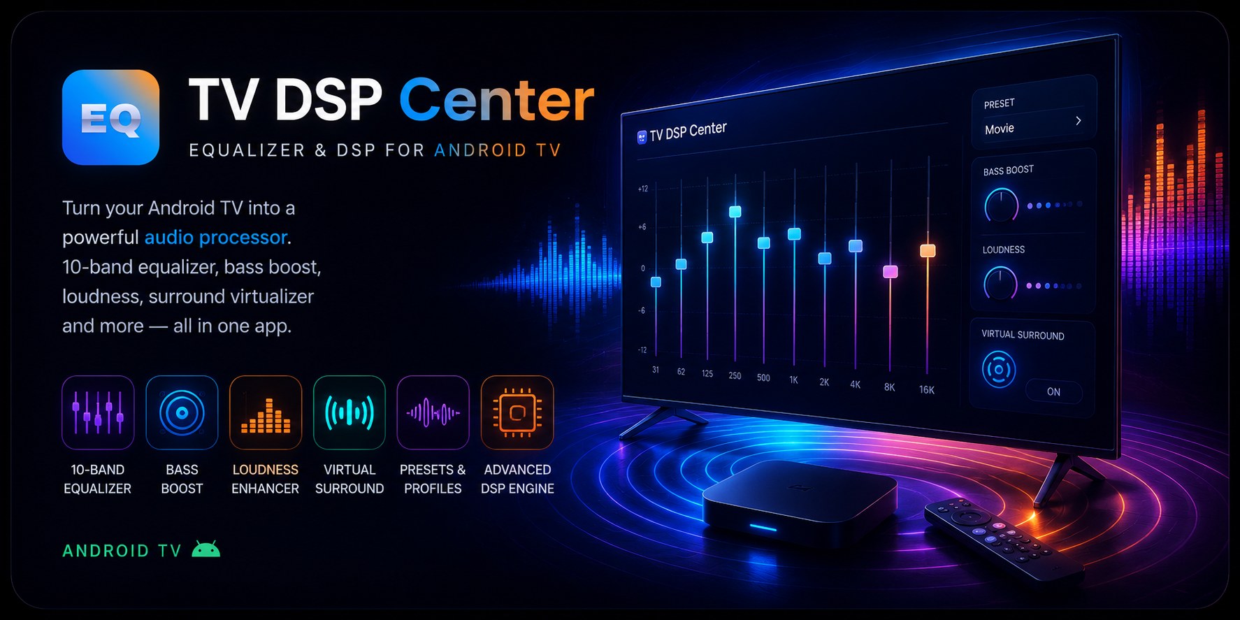 TV DSP Center — equalizer and DSP for Android TV: a TV showing a 10-band equalizer with bass boost, loudness and virtual surround controls