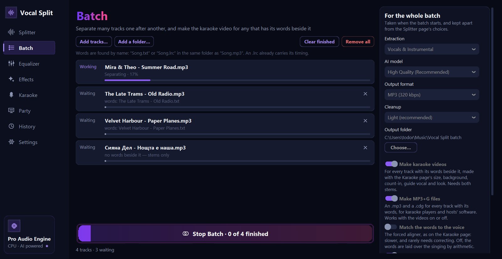 The Batch page with four tracks: one separating at 17%, three waiting, two with lyrics files found beside them; on the right the batch settings with extraction, model, format, cleanup, output folder and switches for videos and MP3+G