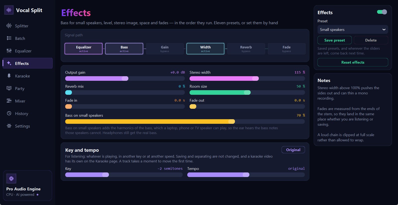 The Effects page with the Small speakers preset: signal path with Equalizer, Bass and Width active, sliders for output gain, stereo width, reverb mix, room size, fade in and fade out, a Bass on small speakers slider at 70 percent, and a Key and tempo card with the key lowered by two semitones