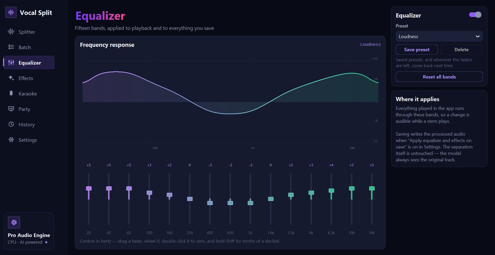 The Equalizer page with the Loudness preset: a smooth frequency response curve lifting the lows and highs, fifteen colour-coded faders from 25 Hz to 16 kHz with their values, and the preset card on the right
