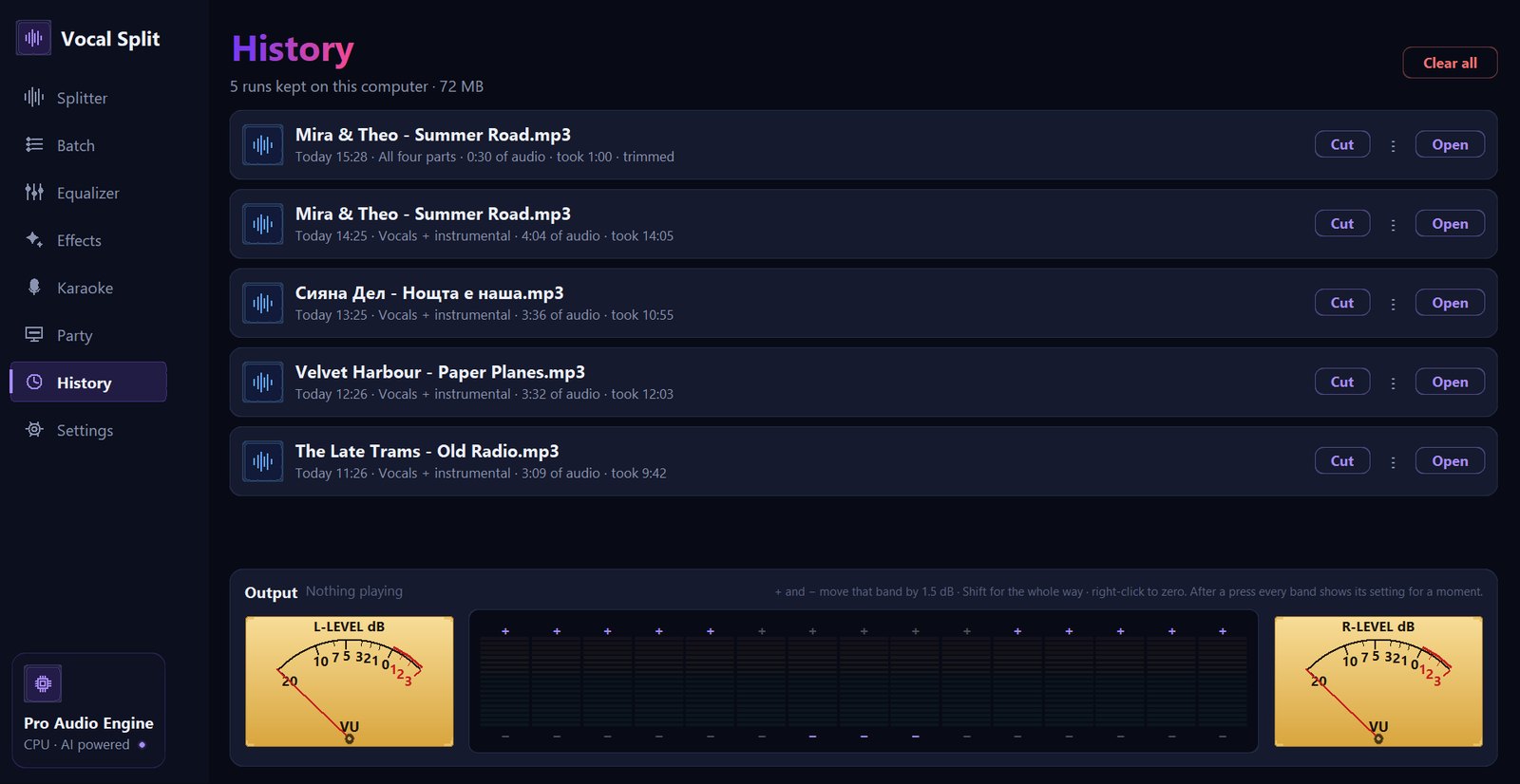 The History page listing five separations with their date, type, length and processing time, each with Cut, menu and Open buttons, above the output meters