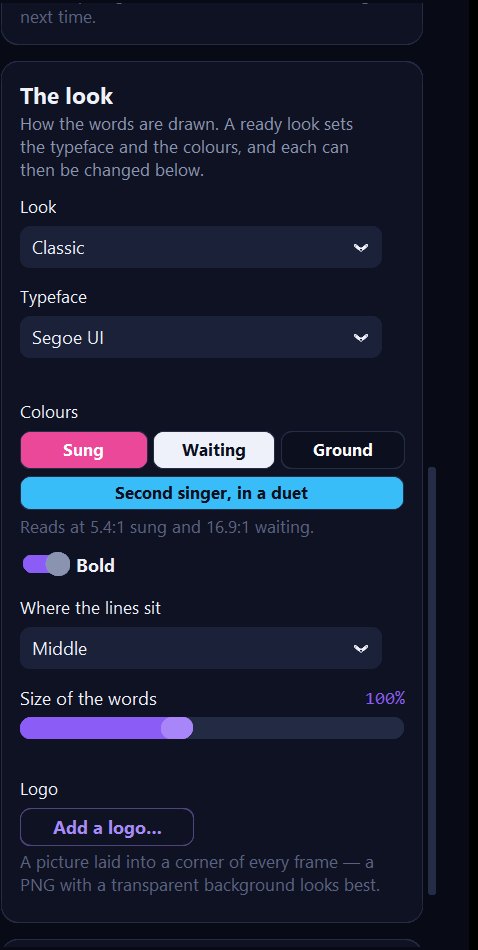 The Look card: look presets, typeface menu, colour buttons for sung, waiting, ground and second singer, a contrast readout, the bold switch, placement menu, size slider and the Add a logo button