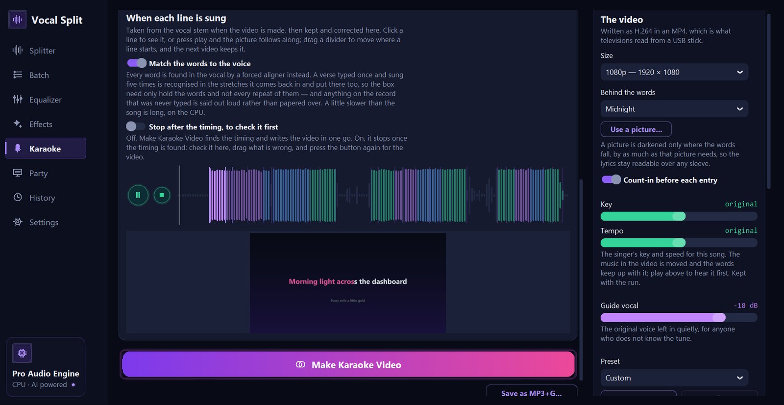 The timing card: the switches for matching the words to the voice and for stopping after the timing, the vocal waveform coloured by singer, a play button, a live preview of the video, and the Make Karaoke Video and Save as MP3+G buttons