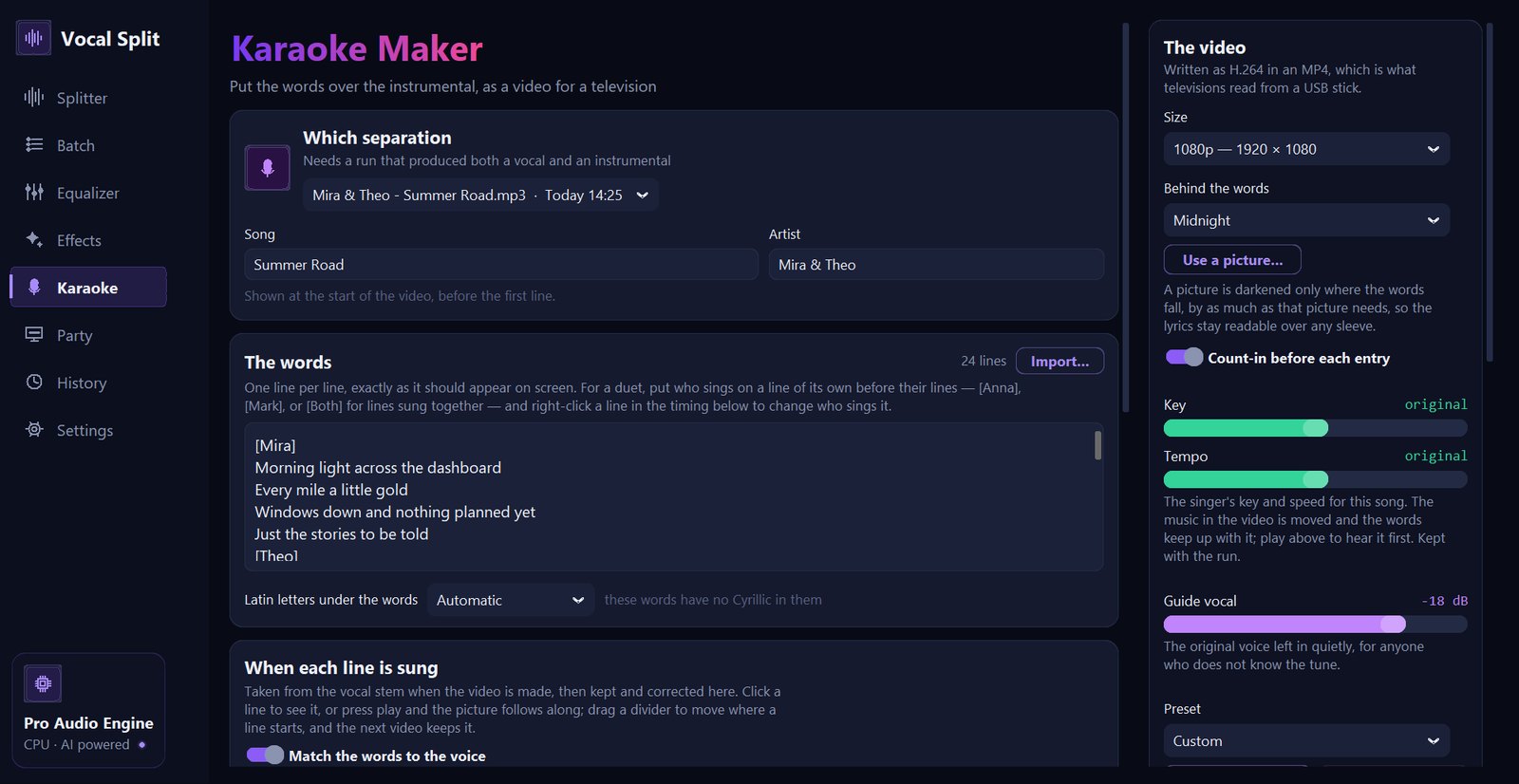 The Karaoke Maker page: a separation chosen, the song and artist boxes filled in, the words box with duet headings in brackets, the Latin letters menu, and the video settings on the right
