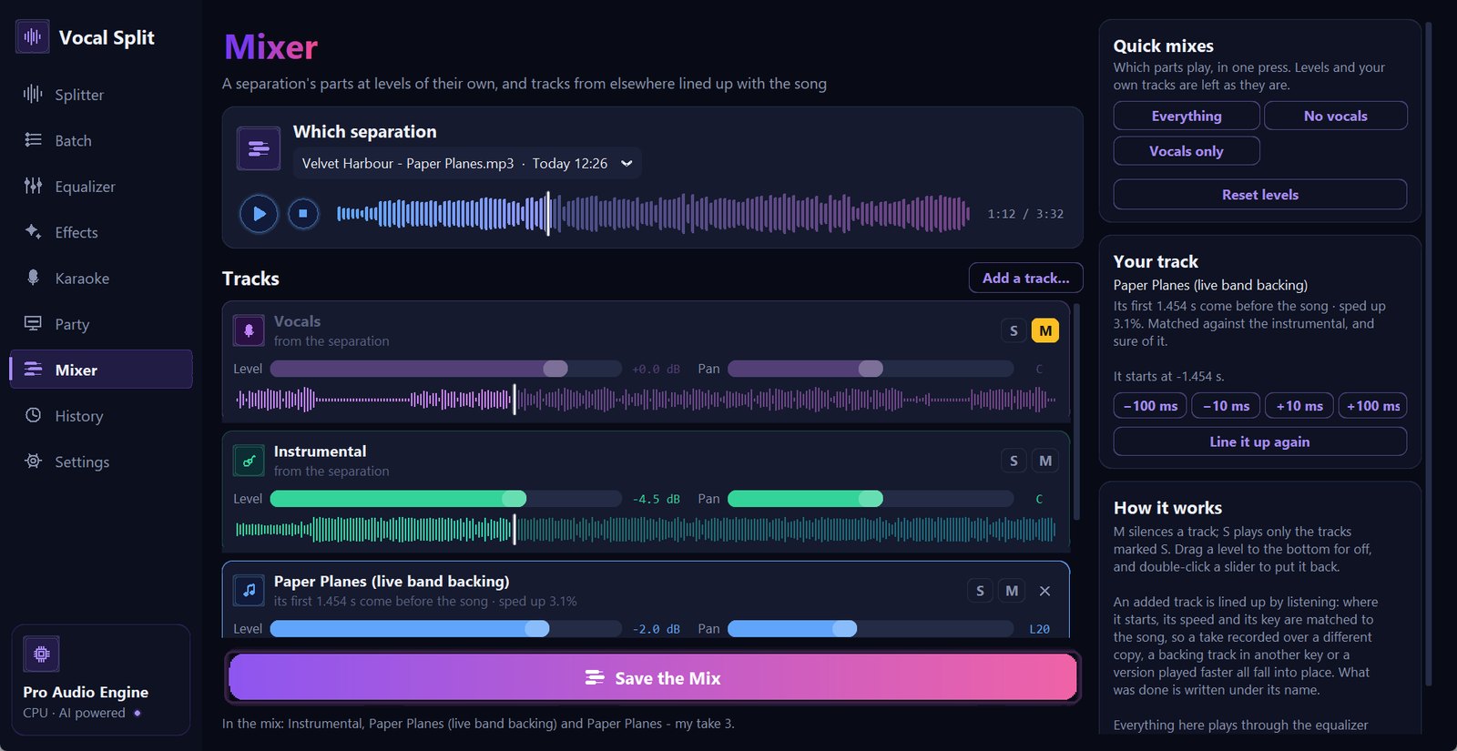 The Mixer page: Paper Planes chosen, the song's waveform with the playhead at 1:12, the Vocals line muted, the Instrumental at −4.5 dB, an added live band backing track, the quick mixes and the card for the added track with its nudge buttons, and the Save the Mix button