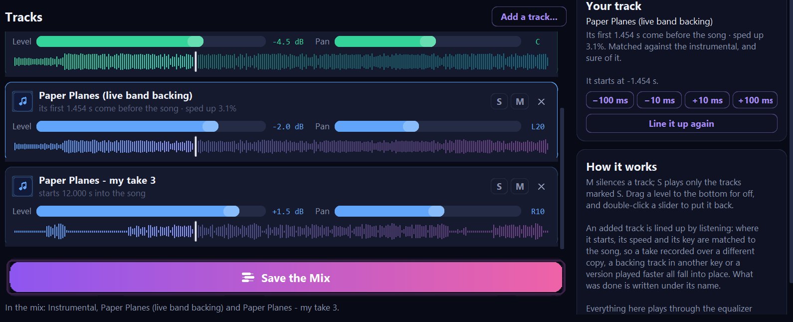 Two added tracks in the mixer: a live band backing that starts 1.454 seconds before the song and was sped up 3.1%, and a sung take that starts 12 seconds into the song, each with level and pan sliders, S, M and remove buttons, and a waveform placed on the song's timeline