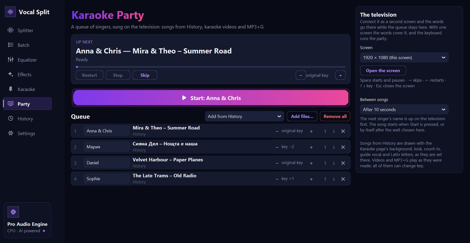 The Karaoke Party page: an Up next card with Restart, Stop, Skip and key buttons, the big Start button, a queue of four songs each with a singer name, key and move buttons, and the television settings on the right