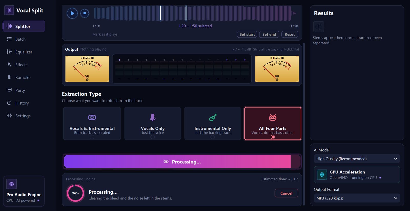 Separation in progress: the Start Processing button filling up as a progress bar, a progress ring at 96%, the estimated time left, a note saying the stems are being cleaned, and a Cancel button