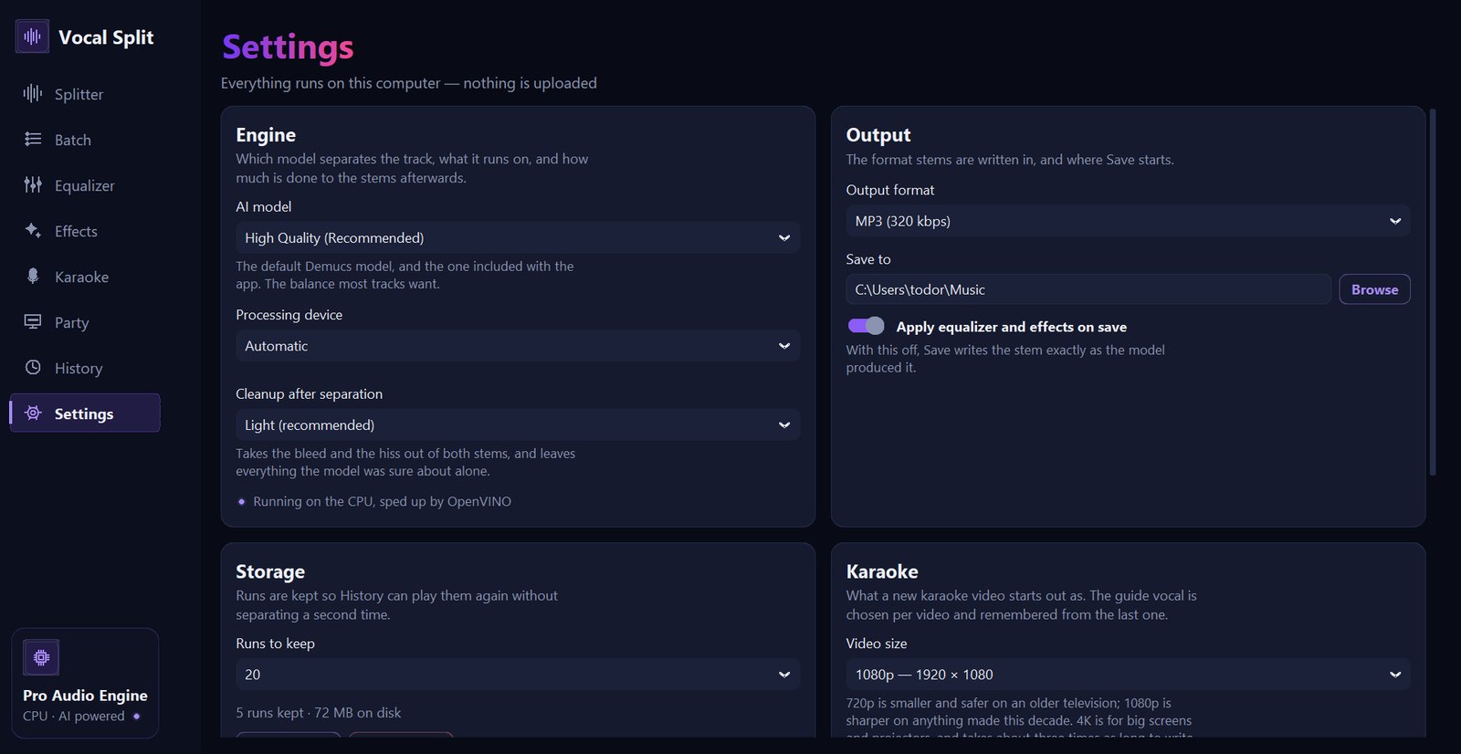 The Settings page with Engine, Output, Storage and Karaoke cards