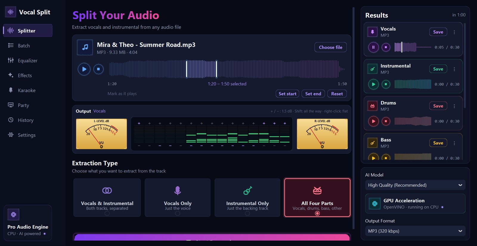 The Splitter page with a song loaded, a section from 1:20 to 1:50 selected on the waveform, the vocal stem playing with the VU needles and analyser moving, and four stems in the results column