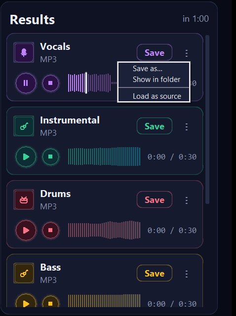 The Results column with Vocals, Instrumental, Drums and Bass stem cards and the menu of the vocal stem open, offering Save as, Show in folder and Load as source