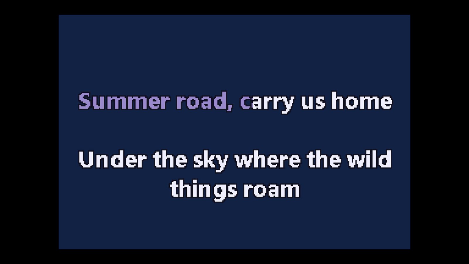 A CD+G karaoke screen with a duet line swept in the mixed colour and the next line waiting underneath, drawn in crisp pixel lettering