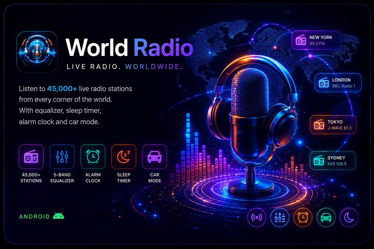 World Radio — live radio, worldwide: a glowing microphone with headphones over a neon world map, with New York, London, Tokyo and Sydney station cards